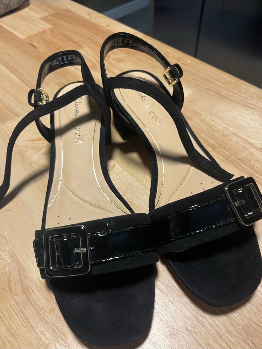 Clarks Black Patent & Suede T-Strap Buckle Sandals